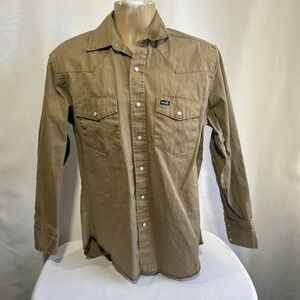 Vintage Wrangler Shirt Mens Medium Canvas Khaki Pearl Snap Western Brushpopper